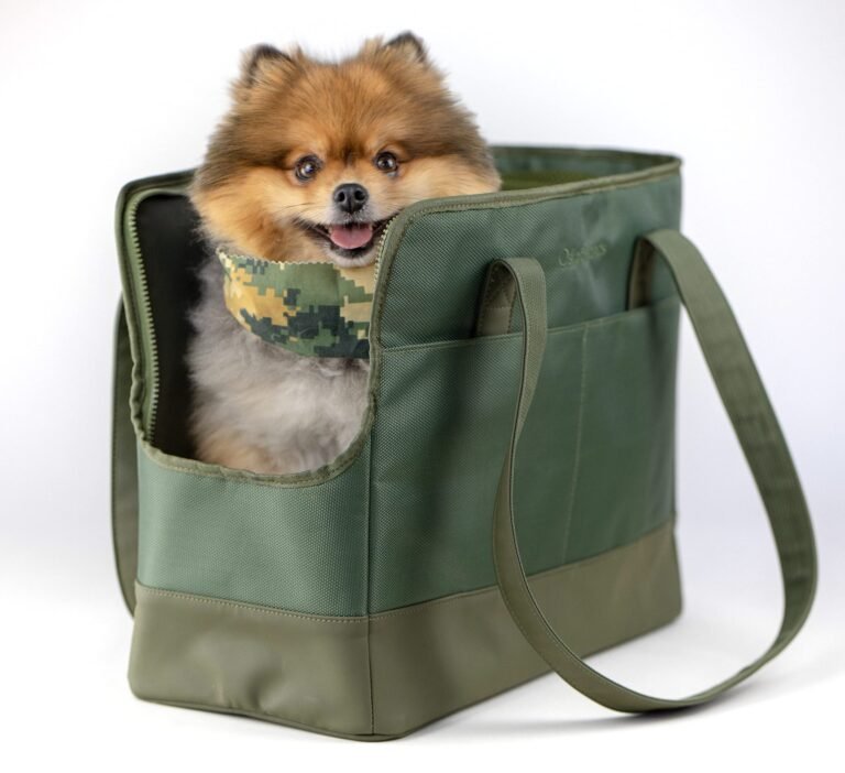 Pomeranian dog wearing bandana sits in a green tote bag, smiling
