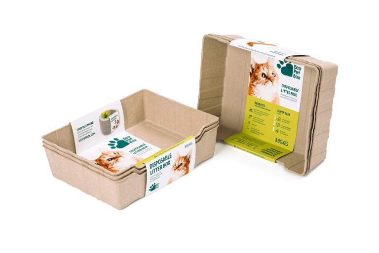 Three disposable cat litter boxes made of recycled paper