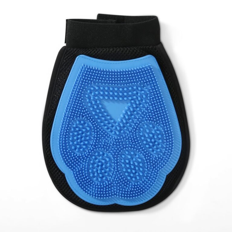 Blue pet grooming glove with paw print design on a white background
