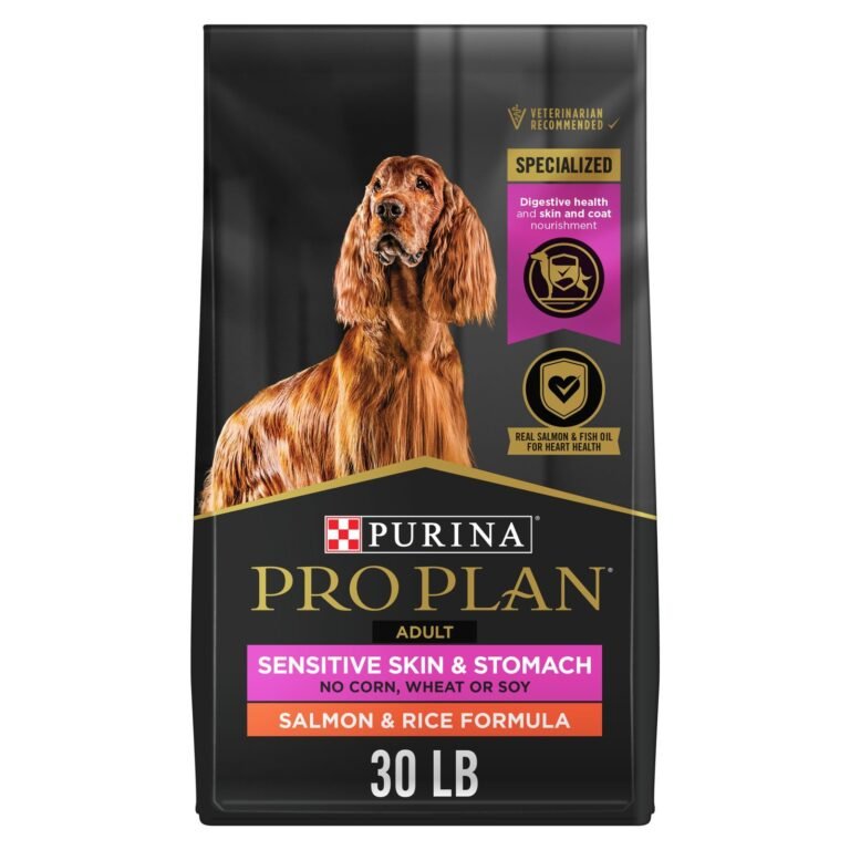 Purina Pro Plan dog food bag with an Irish Setter and product details