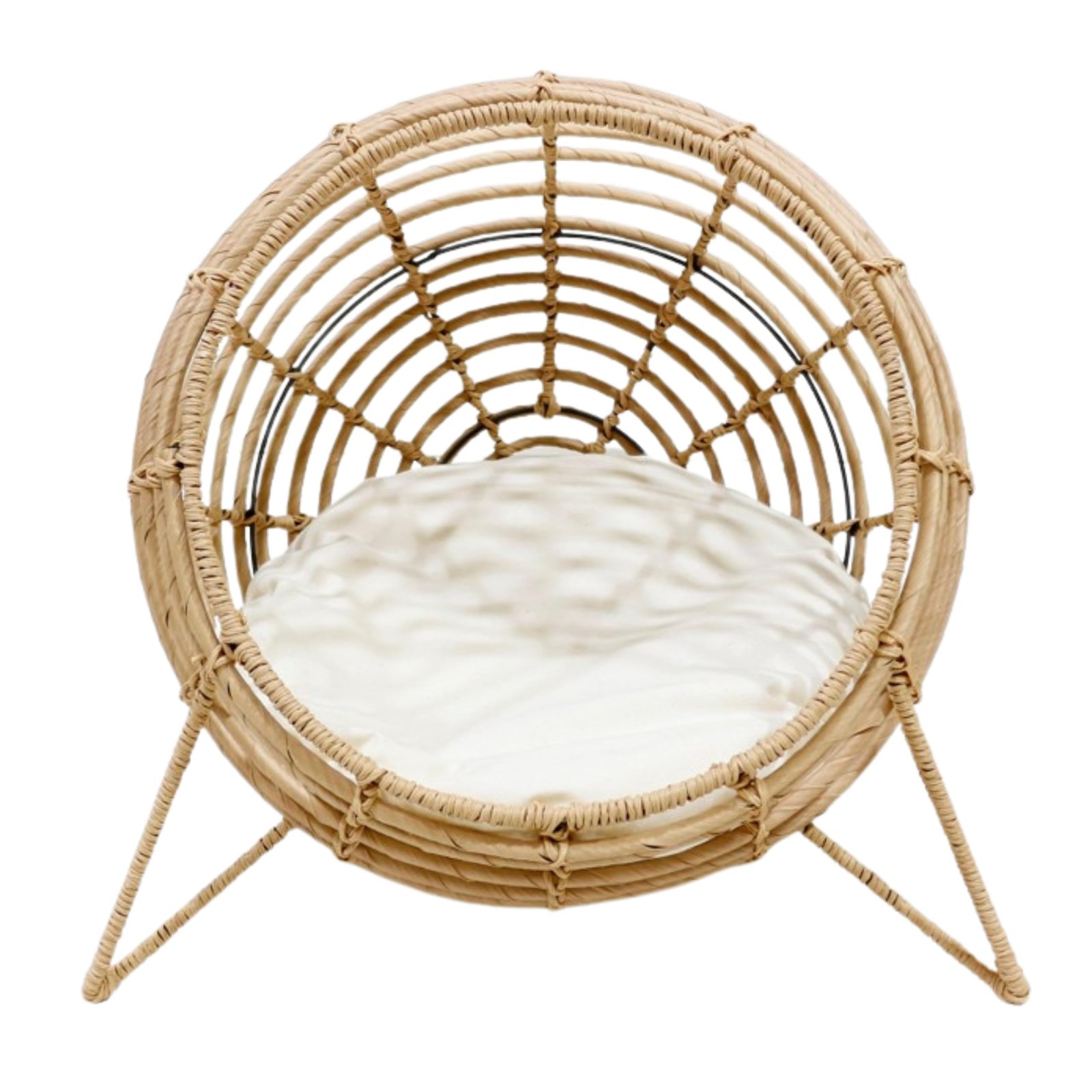 Wicker pet bed with a white cushion, circular shape, and legs