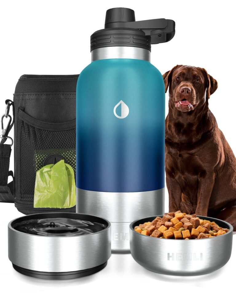 Dog supplies: water bottle, bowls, dog, waste bag dispenser, and food