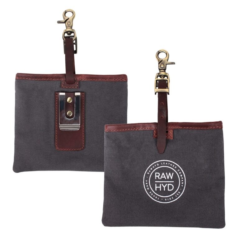 Two gray canvas pouches with leather trim and clip attachments