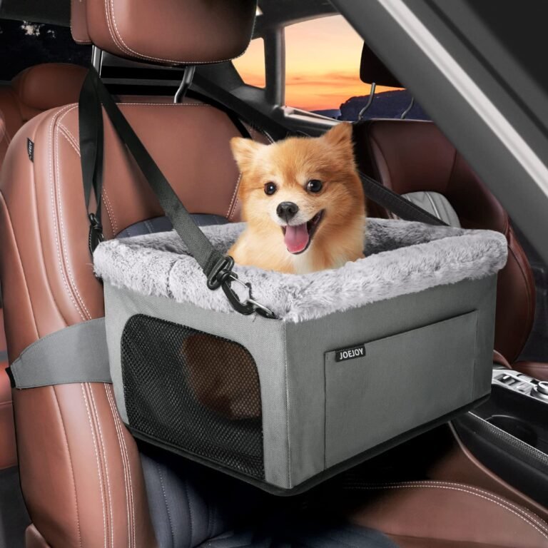 Happy dog in a car seat carrier with safety straps