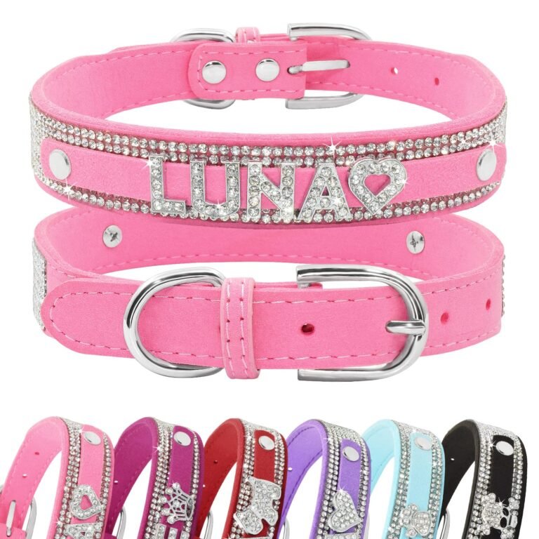 Pink dog collar with "LUNA" in rhinestone letters and heart