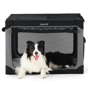 Border Collie dog inside a gray and black "Lesure" pet carrier