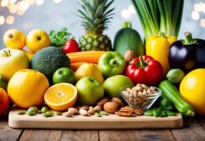 Assortment of fresh fruits, vegetables, and nuts on a wooden cutting board