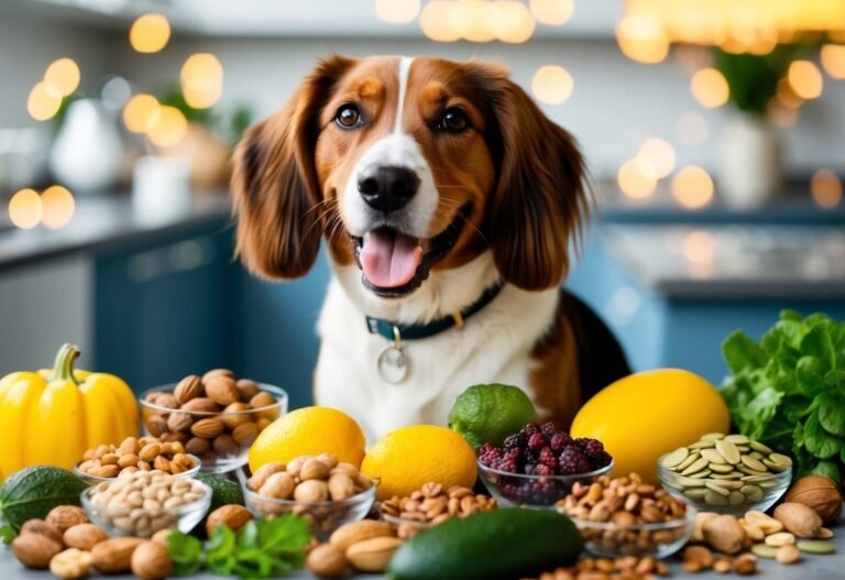 Happy dog with healthy food like nuts, fruits, and vegetables