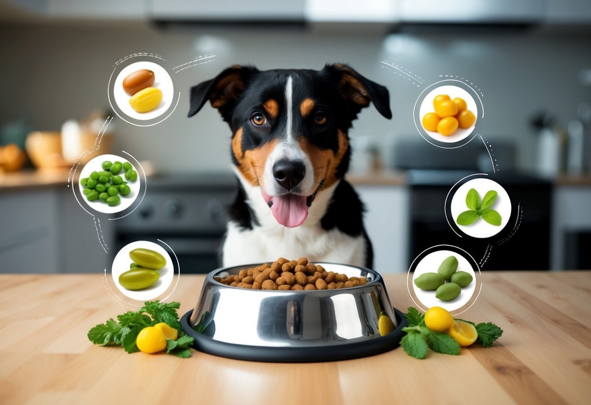 A dog food bowl with natural and synthetic tocopherols surrounded by six mind-blowing elements such as vitamins and antioxidants