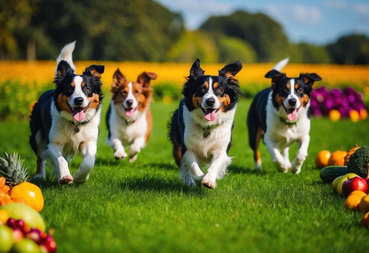 A group of energetic dogs playing in a vibrant, green field, surrounded by colorful fruits and vegetables rich in antioxidants