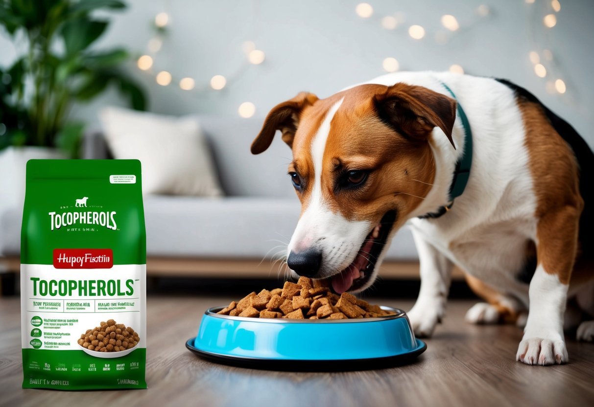 A happy dog eating from a bowl of kibble, with a prominent label displaying "Tocopherols" and various healthy ingredients in the background