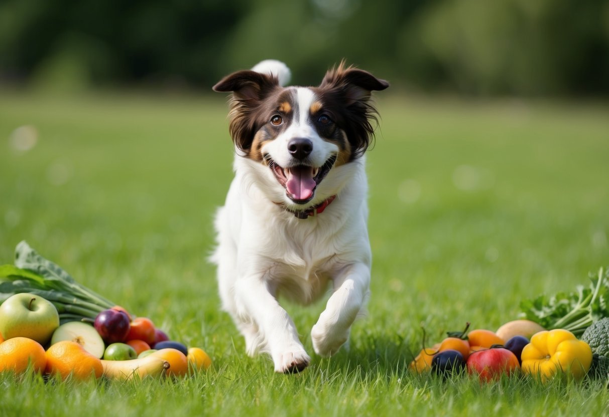 A happy dog with a shiny coat and bright eyes, playing energetically in a green, grassy field, surrounded by a variety of healthy fruits and vegetables