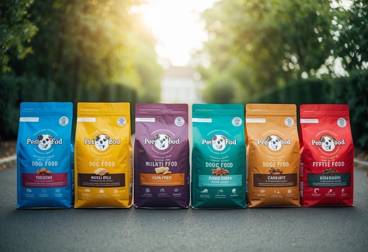 Six colorful bags of dog food lined up on a road
