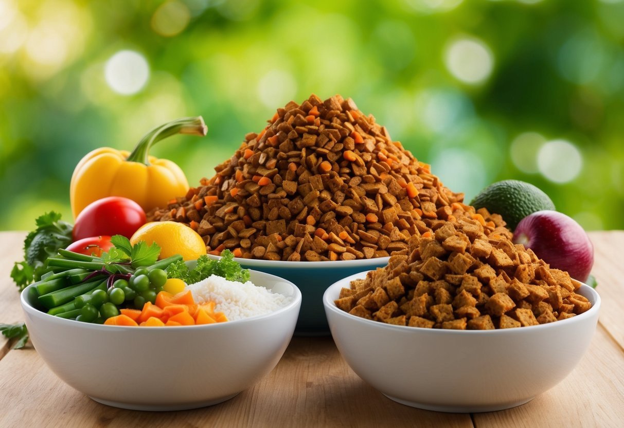 A colorful array of fresh, whole ingredients contrasts with a pile of dehydrated, crumbly dog food in two separate bowls