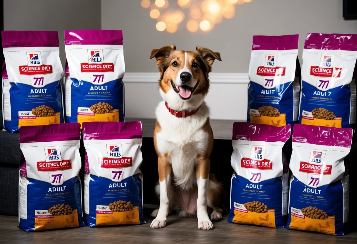A happy dog surrounded by seven bags of Hill's Science Diet Adult 7 dry dog food, with a vibrant and healthy coat, wagging its tail in contentment