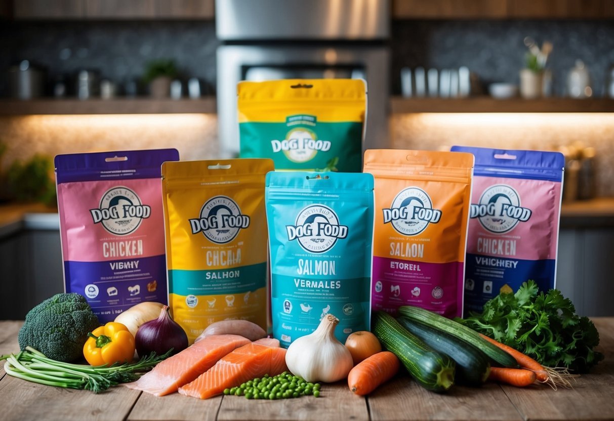 Seven vibrant dog food bags surrounded by fresh, whole ingredients like chicken, salmon, and vegetables, exuding a sense of health and vitality