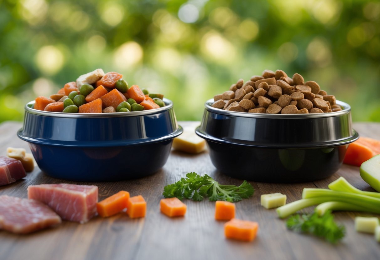 A dog food bowl with raw and dried food side by side, surrounded by scattered pieces of fresh meat and vegetables