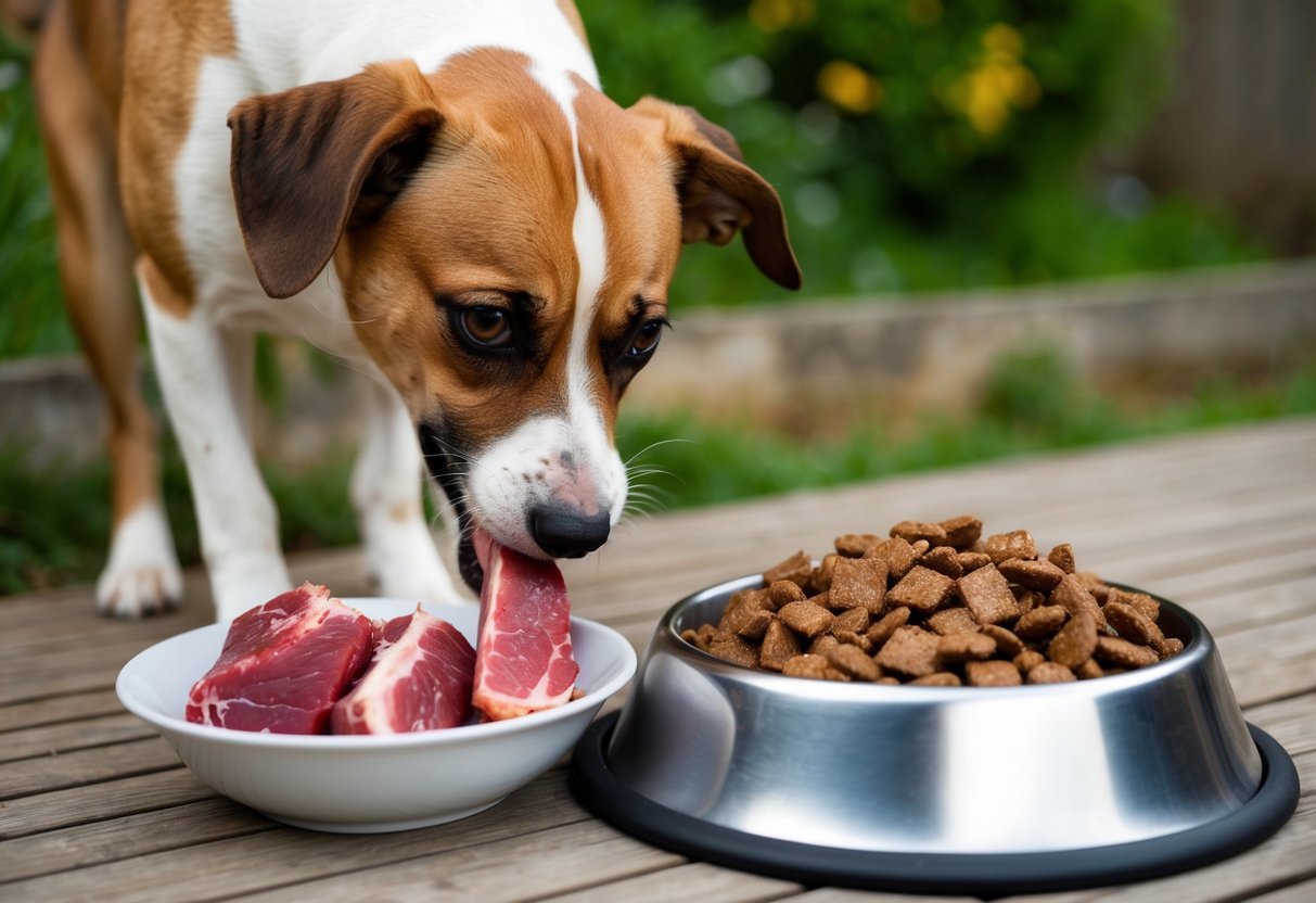 A dog eagerly eats raw meat beside a bowl of dried kibble.</p><p>The contrast between the fresh and dried food is evident in the scene