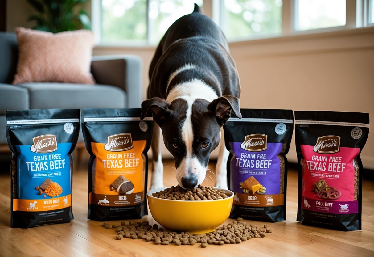 A happy dog eagerly devours a bowl of Merrick Grain Free Texas Beef dry dog food, surrounded by seven bags of the product, each showcasing a different flavor