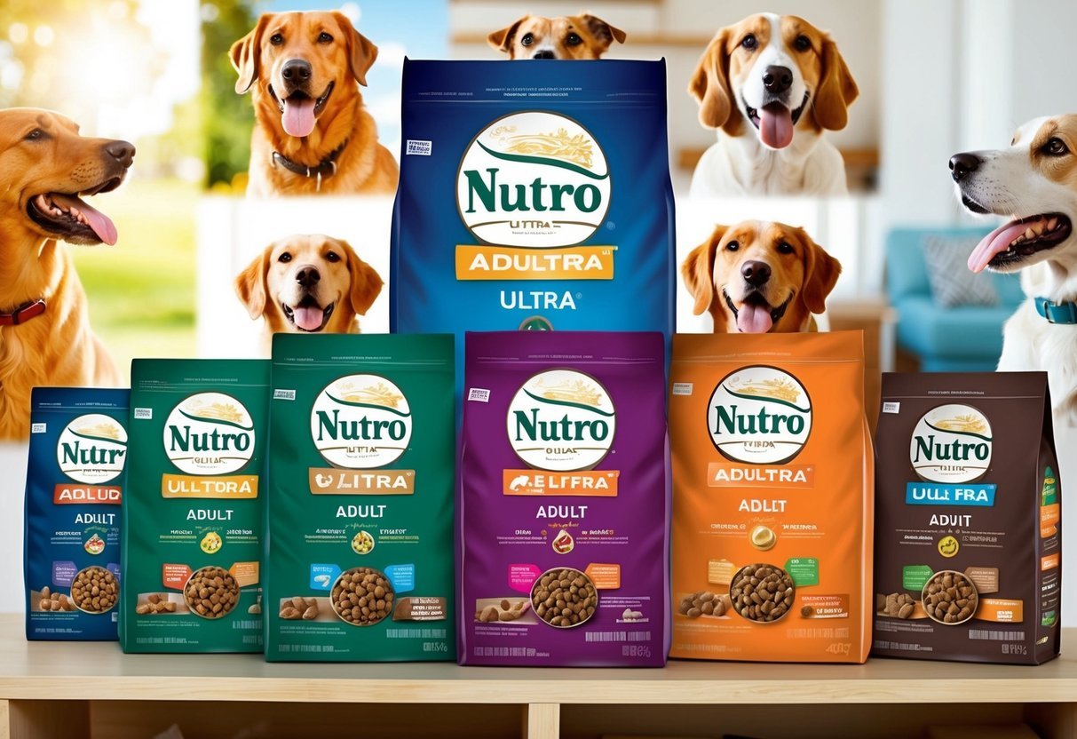 A variety of Nutro Ultra Adult Dry Dog Food bags arranged neatly on a shelf, surrounded by images of happy, healthy dogs enjoying the product