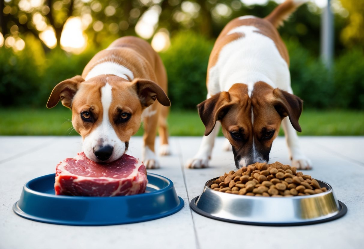 A dog happily munches on raw meat while another dog eagerly devours a bowl of dried kibble, showcasing the differences between raw and dried dog food