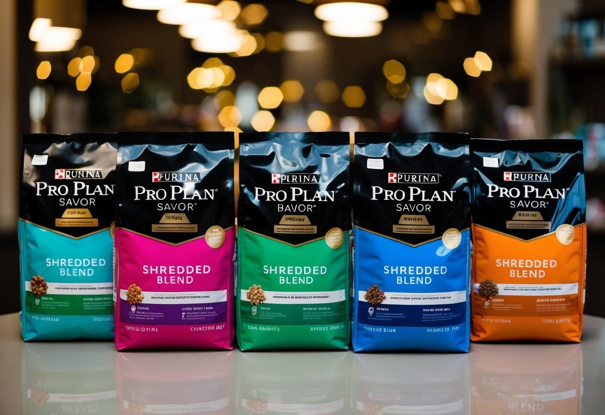 A variety of Purina Pro Plan Savor Shredded Blend dry dog food bags arranged in a neat display with vibrant, eye-catching packaging