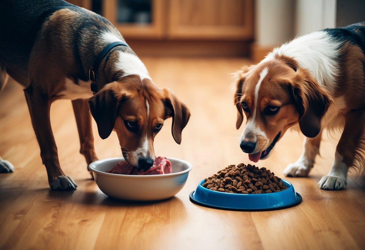 A dog eagerly eats raw meat, while nearby a bowl of dried dog food sits untouched.</p><p>The contrast between the two types of food is evident