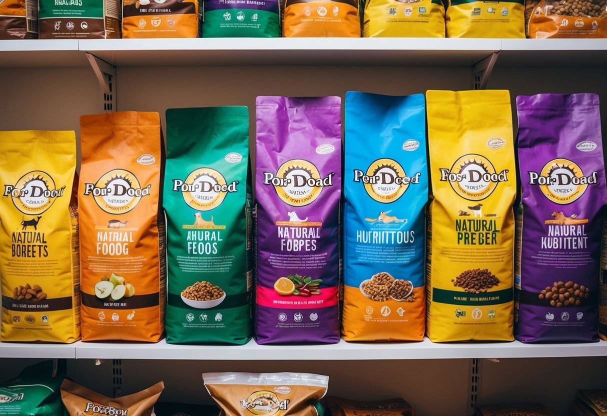 A variety of dry dog food bags arranged on a shelf, each with vibrant packaging highlighting the natural ingredients and nutritional benefits