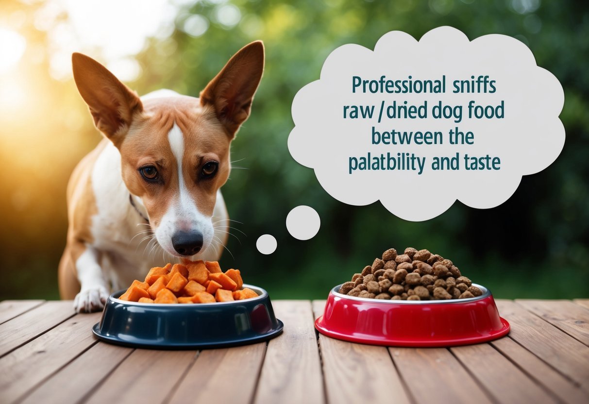 A dog eagerly sniffs a bowl of raw and dried dog food, with a thought bubble showing the contrast between the two in terms of palatability and taste