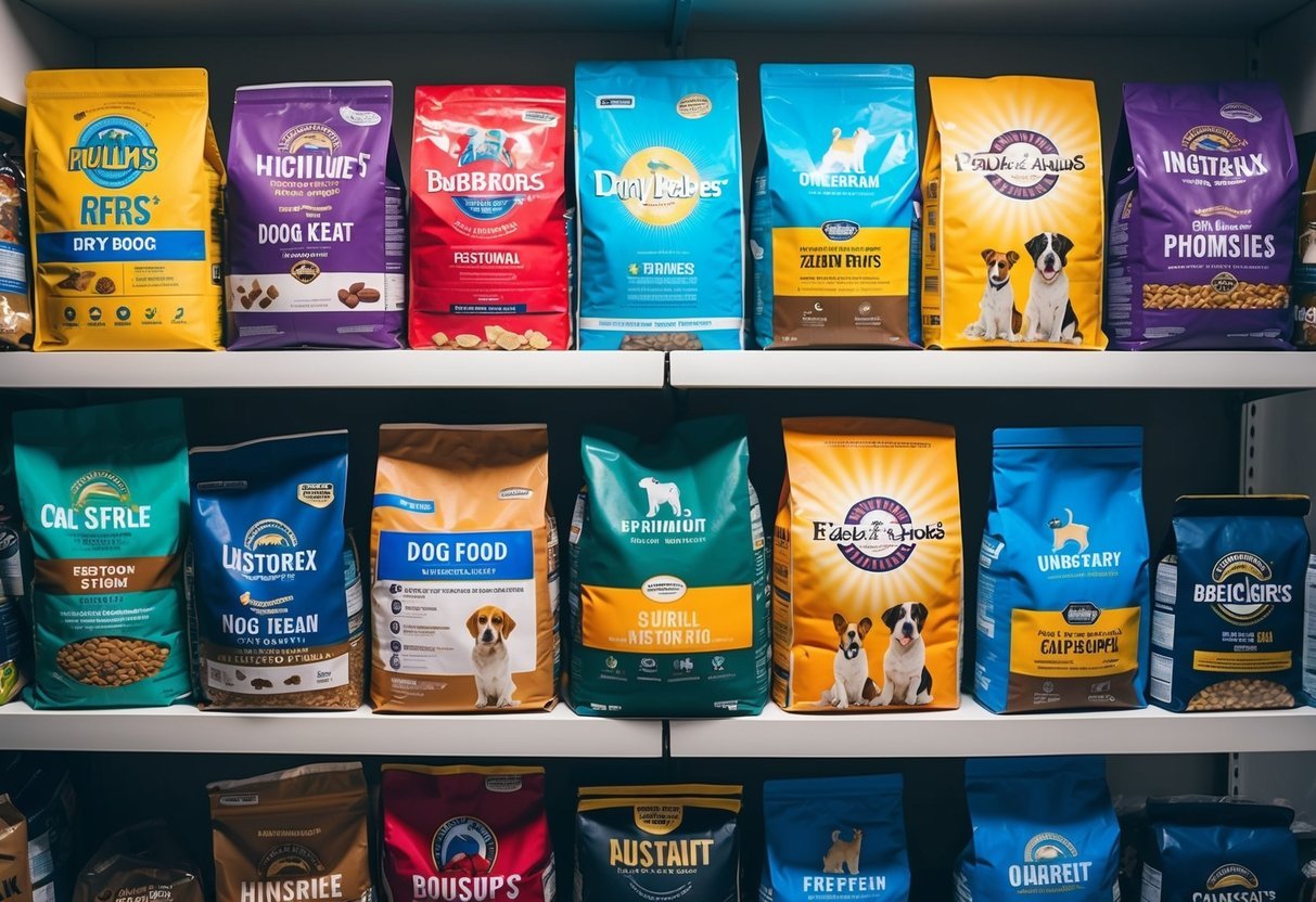 A variety of dry dog food bags arranged on a shelf, each featuring different claims and promises