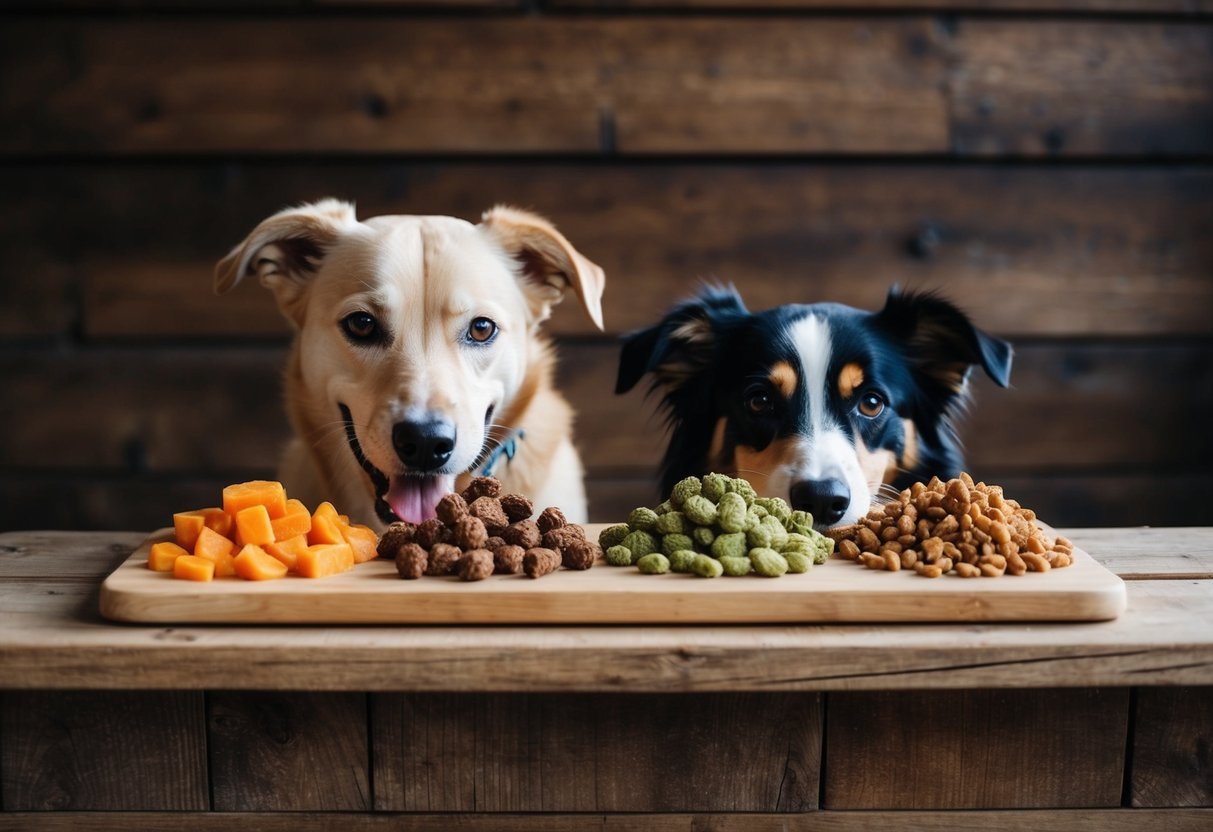 A dog happily eats raw and dried food side by side on a rustic wooden shelf, showcasing the differences in texture and appearance