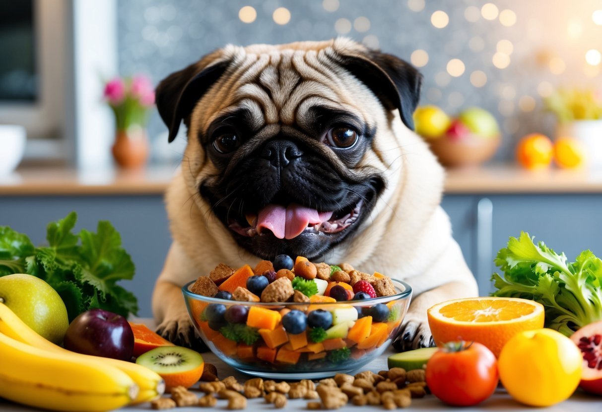 Pug with a bowl of healthy food, surrounded by fruits and vegetables