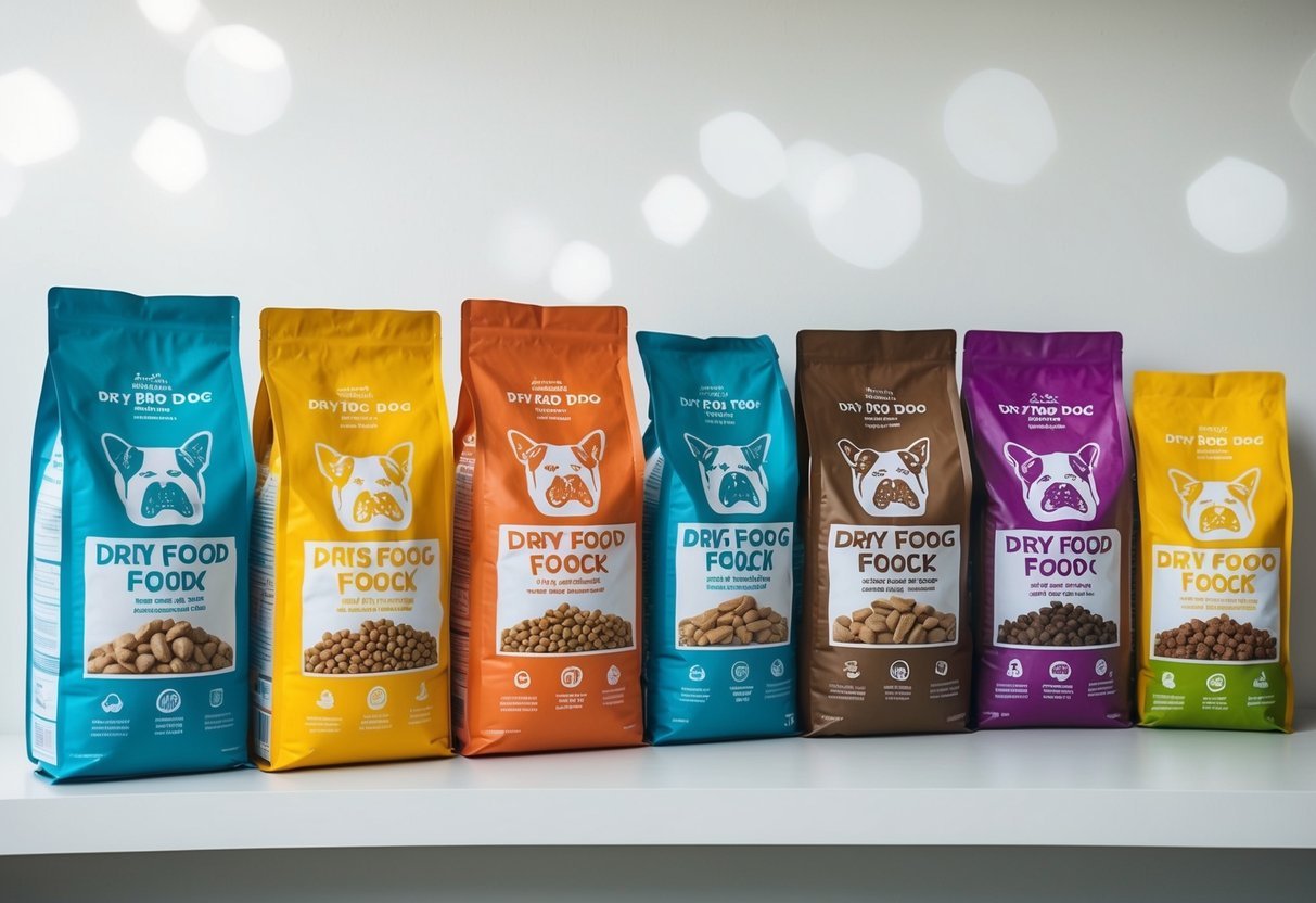 A lineup of seven bags of dry dog food, each with a different label, arranged neatly on a shelf with a clean and simple background