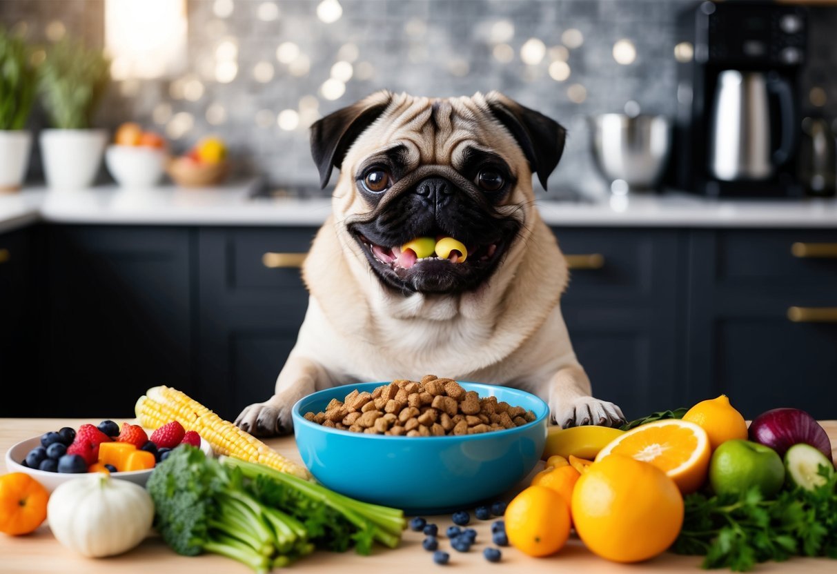 A pug happily eats from a bowl surrounded by a variety of colorful and healthy food options, including fruits, vegetables, and high-quality kibble