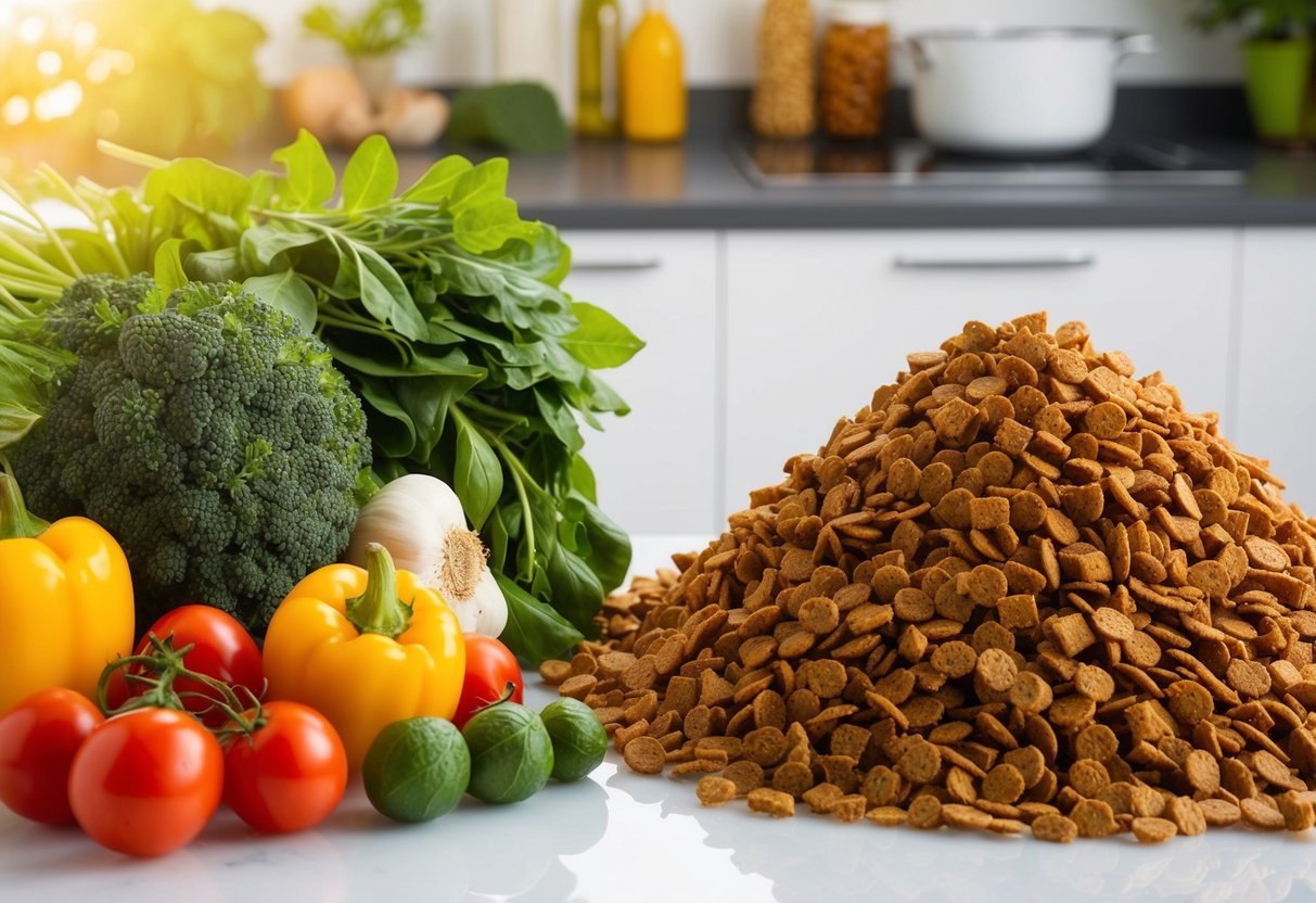 A vibrant display of fresh ingredients next to a pile of dehydrated dog food, showcasing the stark contrast between the two forms of nutrition