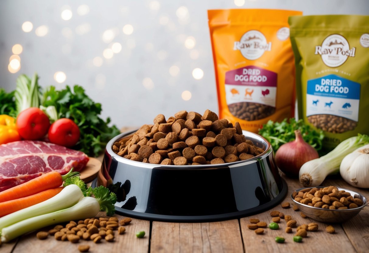 A dog bowl filled with raw and dried dog food, surrounded by fresh meat and vegetables on one side and bags of dried dog food on the other