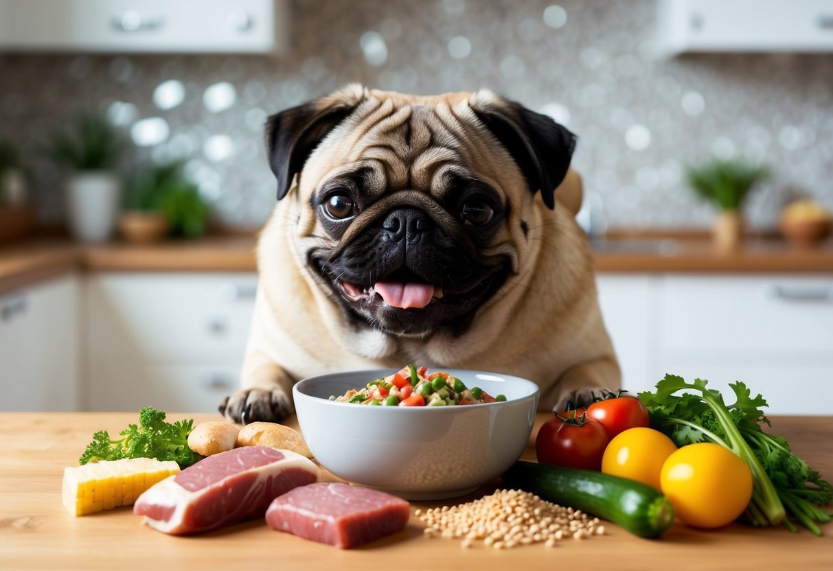 A pug happily eating from a bowl surrounded by various healthy food ingredients like lean meat, vegetables, and grains