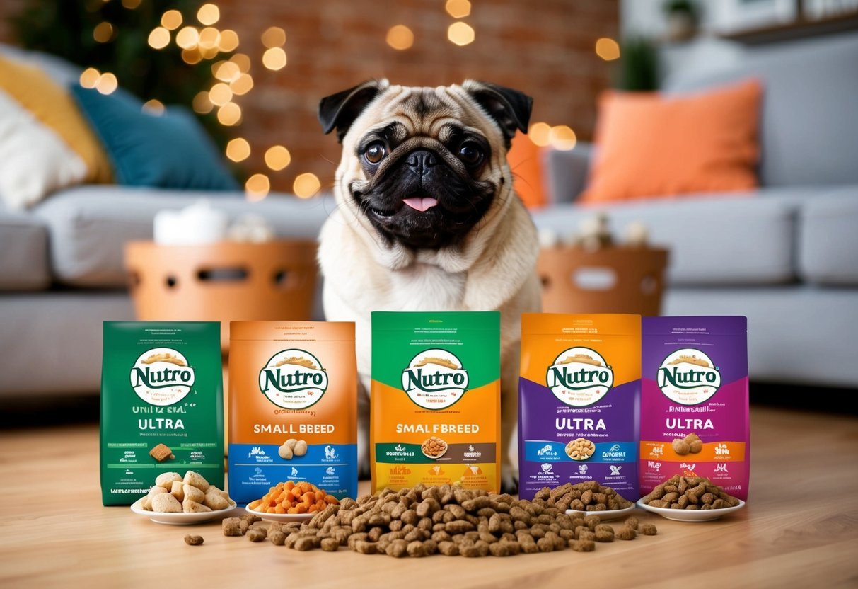 A small, happy pug surrounded by a variety of Nutro Ultra small breed dog food combinations, looking healthy and thriving
