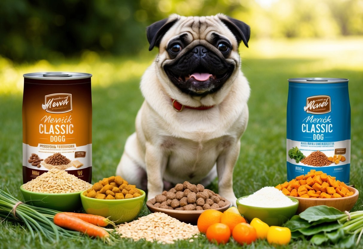 A happy pug surrounded by a variety of healthy grains and Merrick Classic dog food, looking eager and thriving