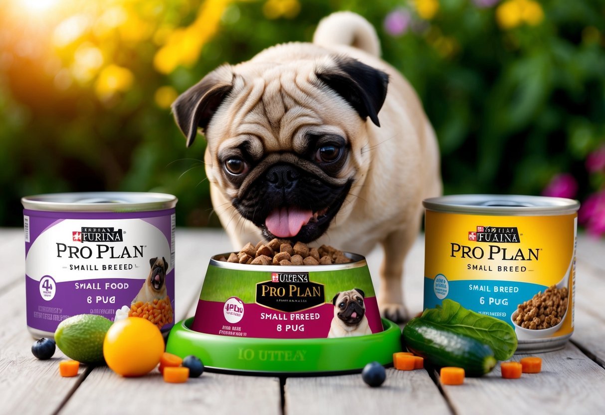 A small pug eagerly eats from a bowl filled with various Purina Pro Plan Small Breed 8 Pug food combinations, surrounded by vibrant, healthy ingredients