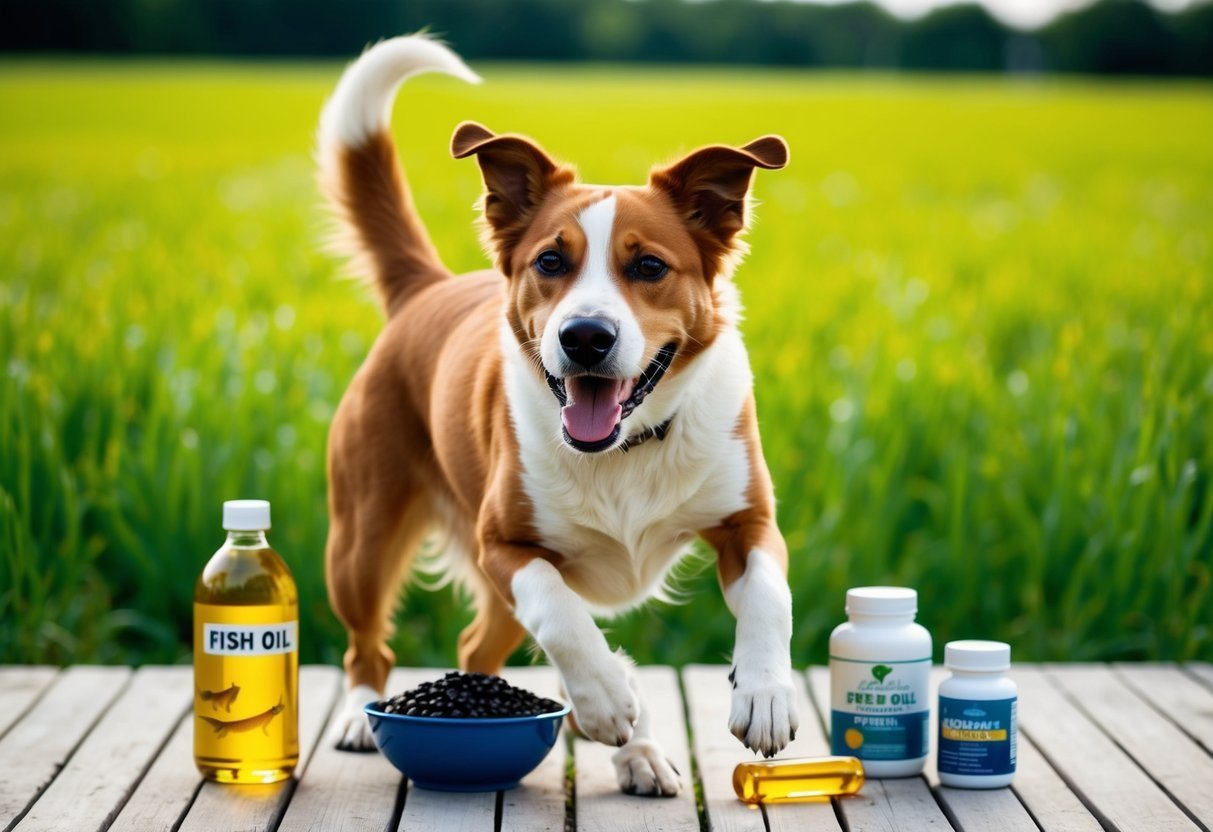 Happy dog with supplements and fish oil on a wooden surface