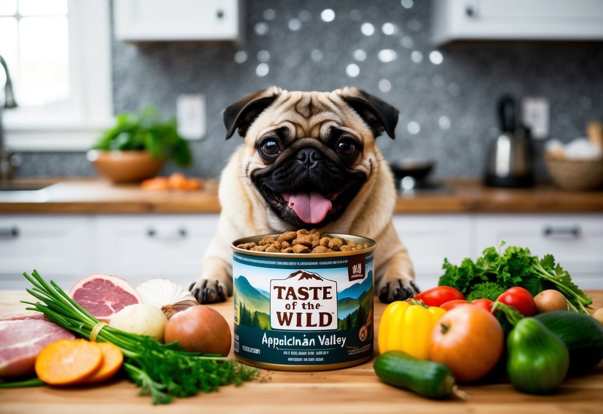 A pug happily eating a bowl of Taste of the Wild Appalachian Valley dog food, surrounded by a variety of fresh, vibrant ingredients such as meats, fruits, and vegetables