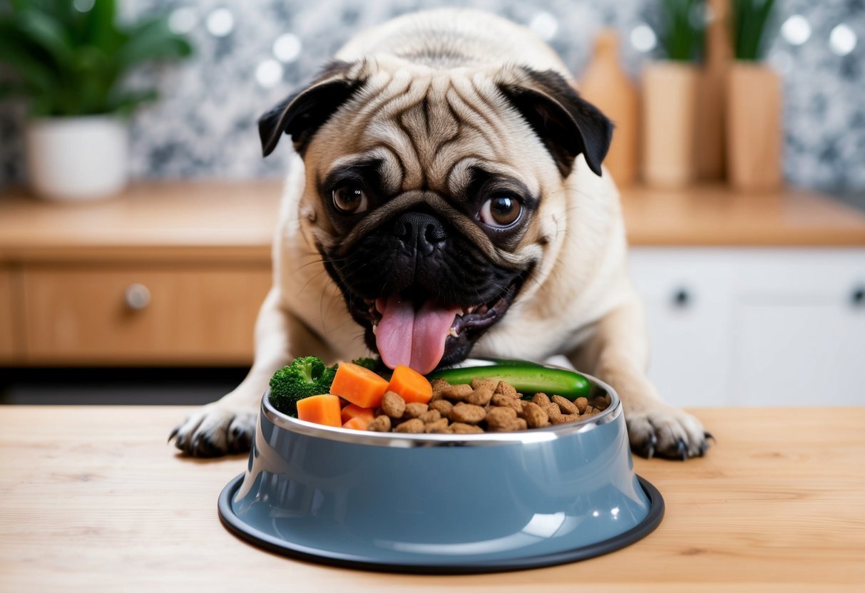 A pug eagerly devouring a bowl filled with a balanced combination of high-quality dog food, fresh vegetables, and lean protein
