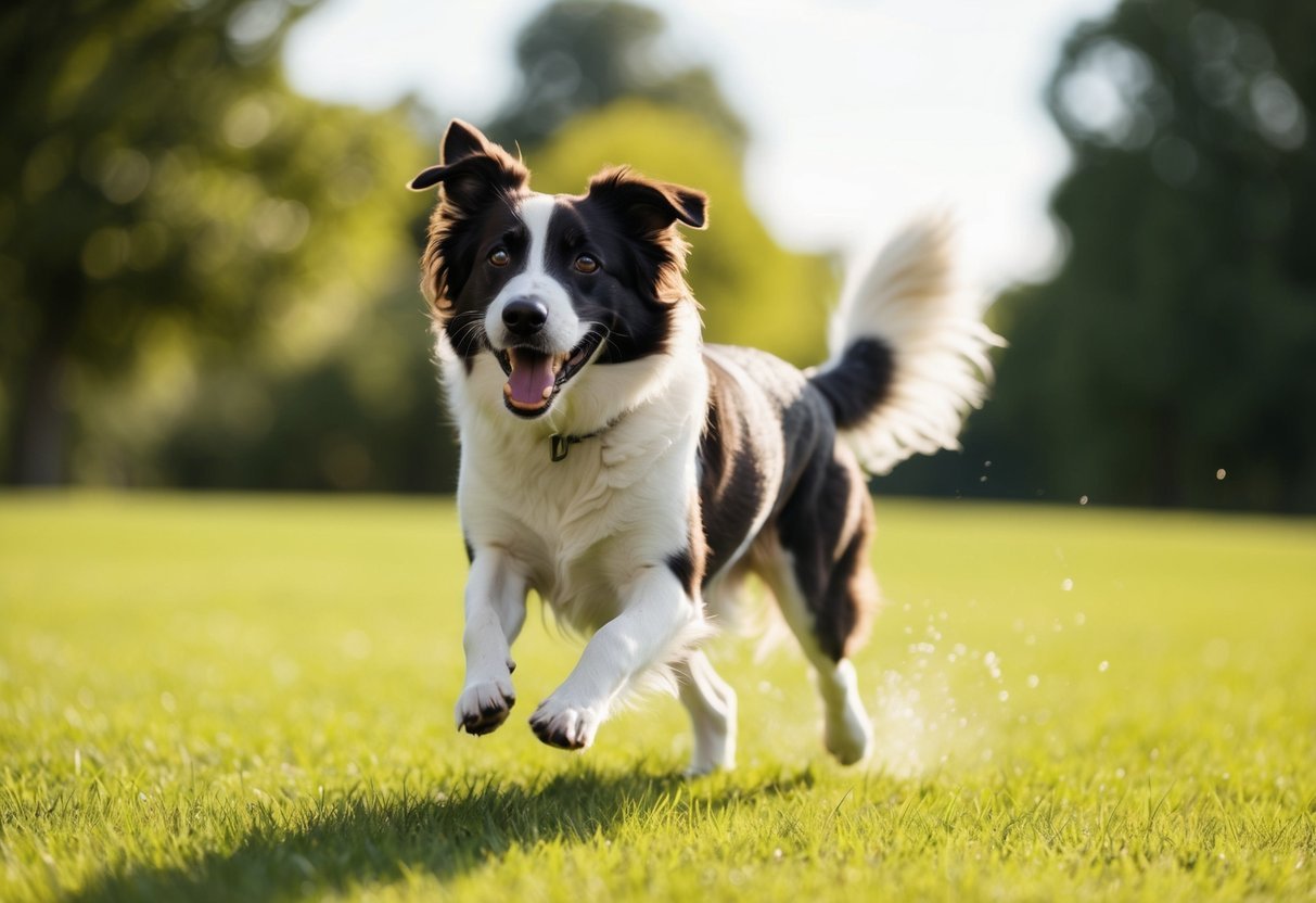 A happy dog running and playing with a shiny coat, strong joints, and bright eyes after taking fish oil supplements