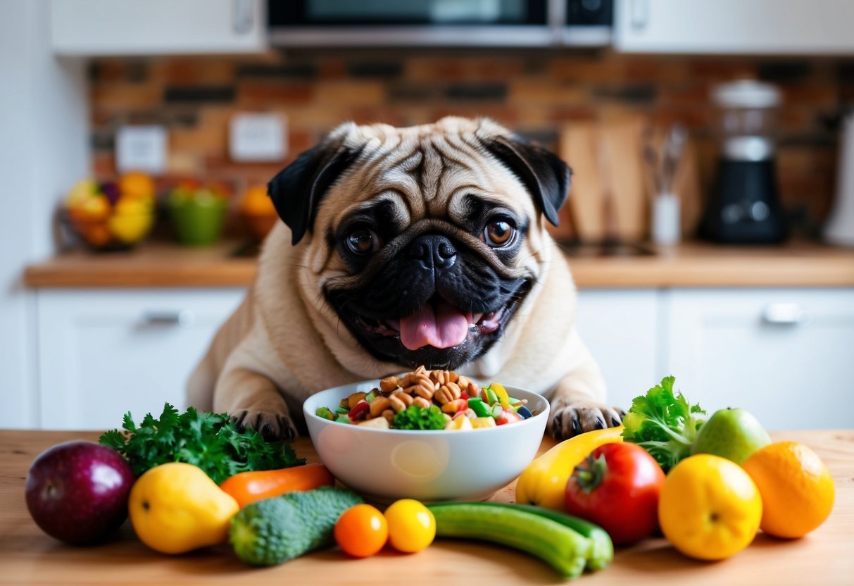 A pug happily eating a bowl of diverse food combinations, surrounded by colorful fruits and vegetables, with a healthy and vibrant appearance
