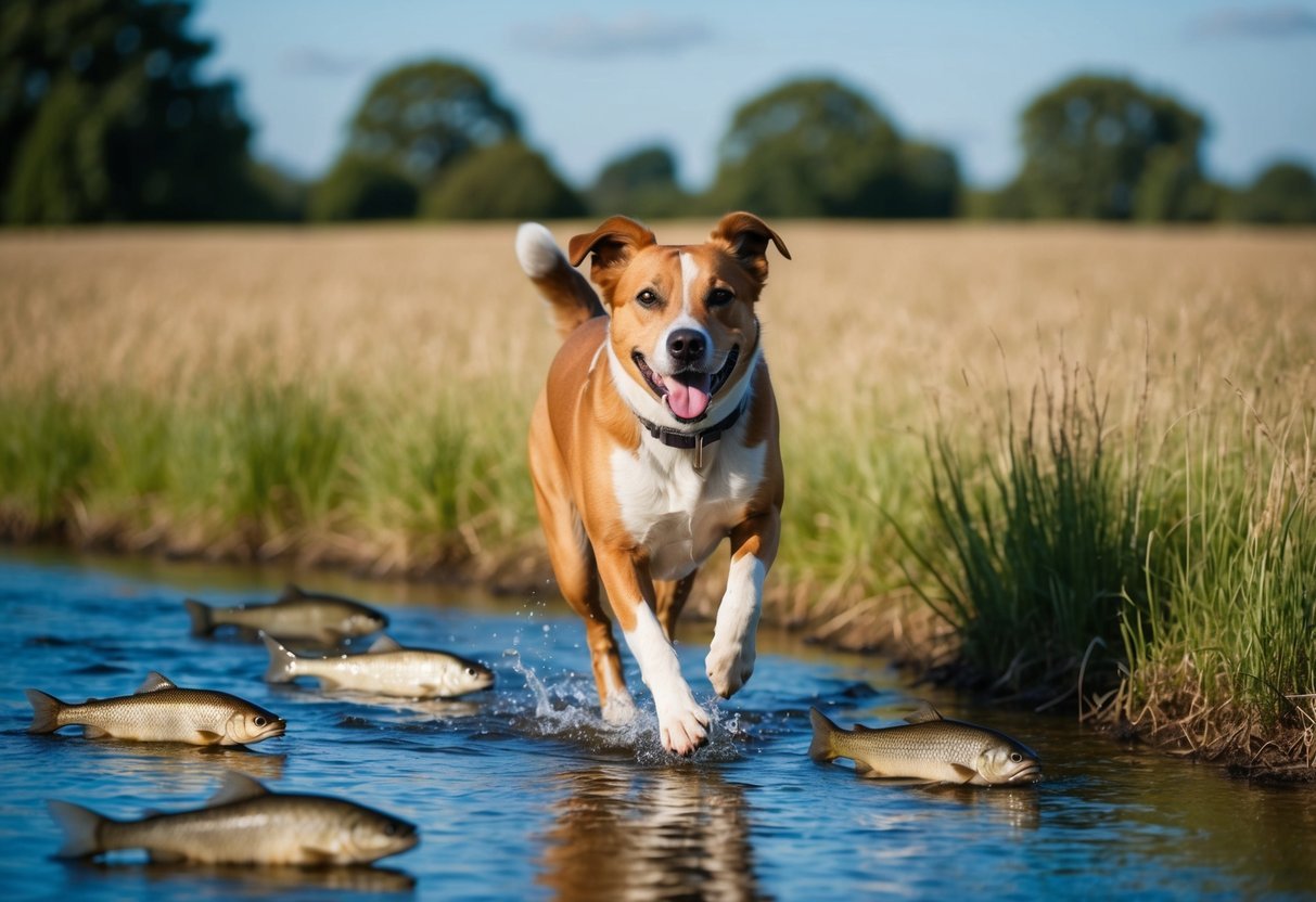 A happy dog running through a field with a shiny coat and a strong heart, surrounded by six fish swimming in a clear stream