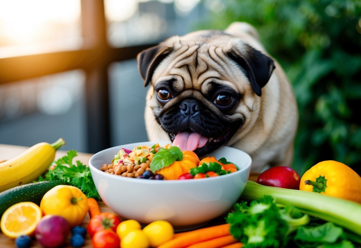 A pug happily eating from a bowl filled with a variety of healthy food combinations, surrounded by vibrant fruits and vegetables
