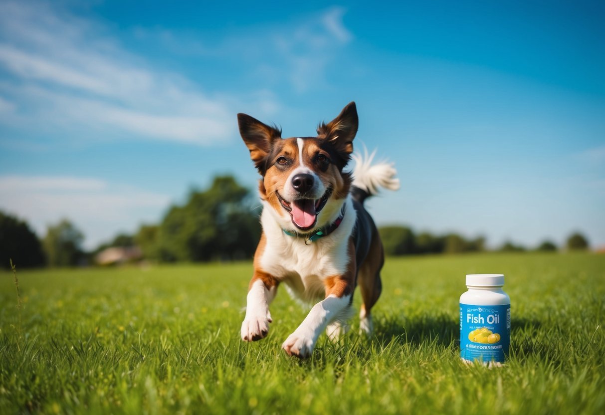 A happy, energetic dog playing outside, surrounded by vibrant green grass and a clear blue sky, with a bottle of fish oil supplements nearby