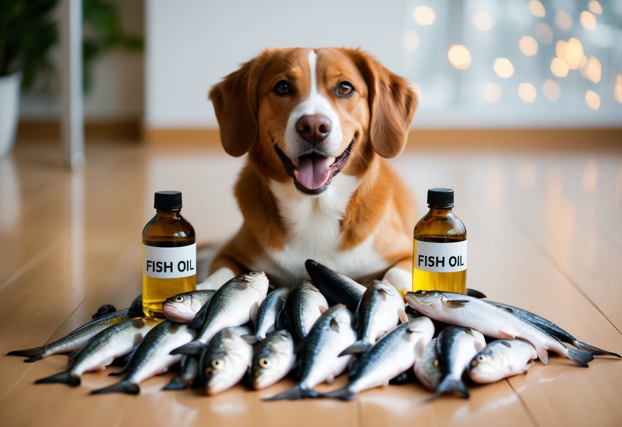A happy dog with a shiny coat and bright eyes, surrounded by a pile of fish and fish oil bottles
