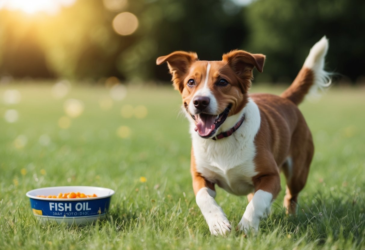 A happy dog with a shiny coat and bright eyes, playing in a field with a bowl of fish oil nearby